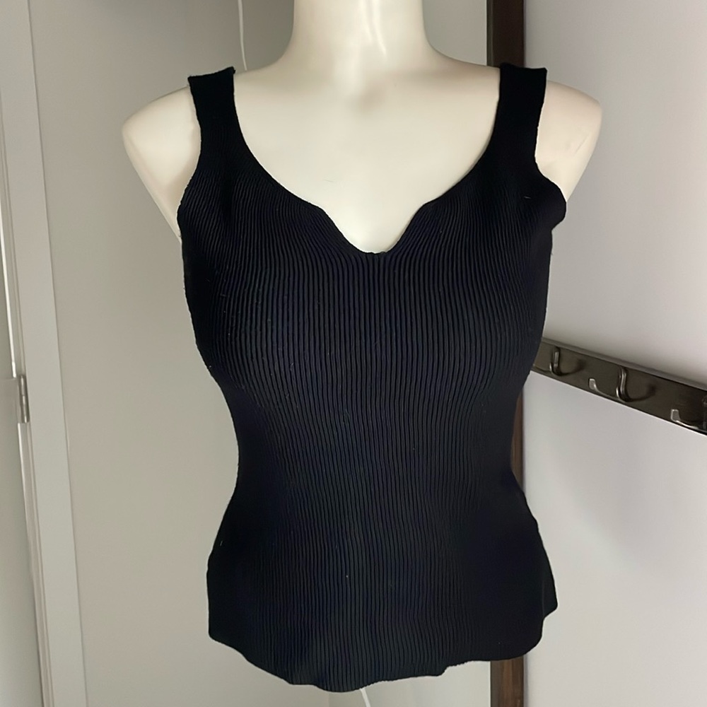Black, ribbed, sleeveless, knit, stretchy, tank top.